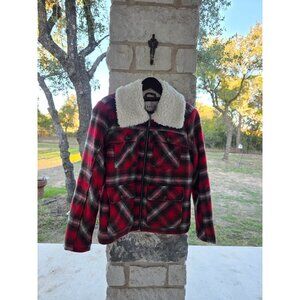 BNCI Red & Black Plaid Sherpa Collar Jacket Size Small Quilted Lining Wool Blend